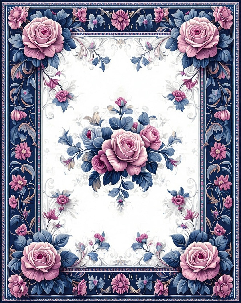 Pink Rose Floral Dark Blue Border Rug