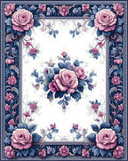Pink Rose Floral Dark Blue Border Rug