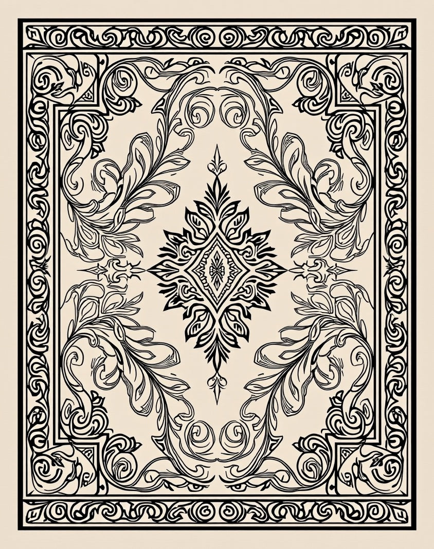 Ornate Floral Scrollwork Monochromatic Design Rug