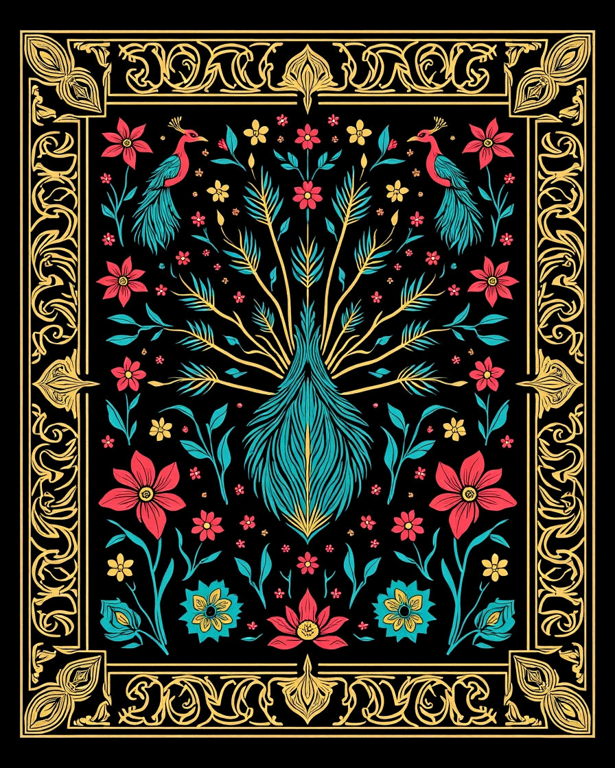 Floral Peacock With Ornate Border Design Rug
