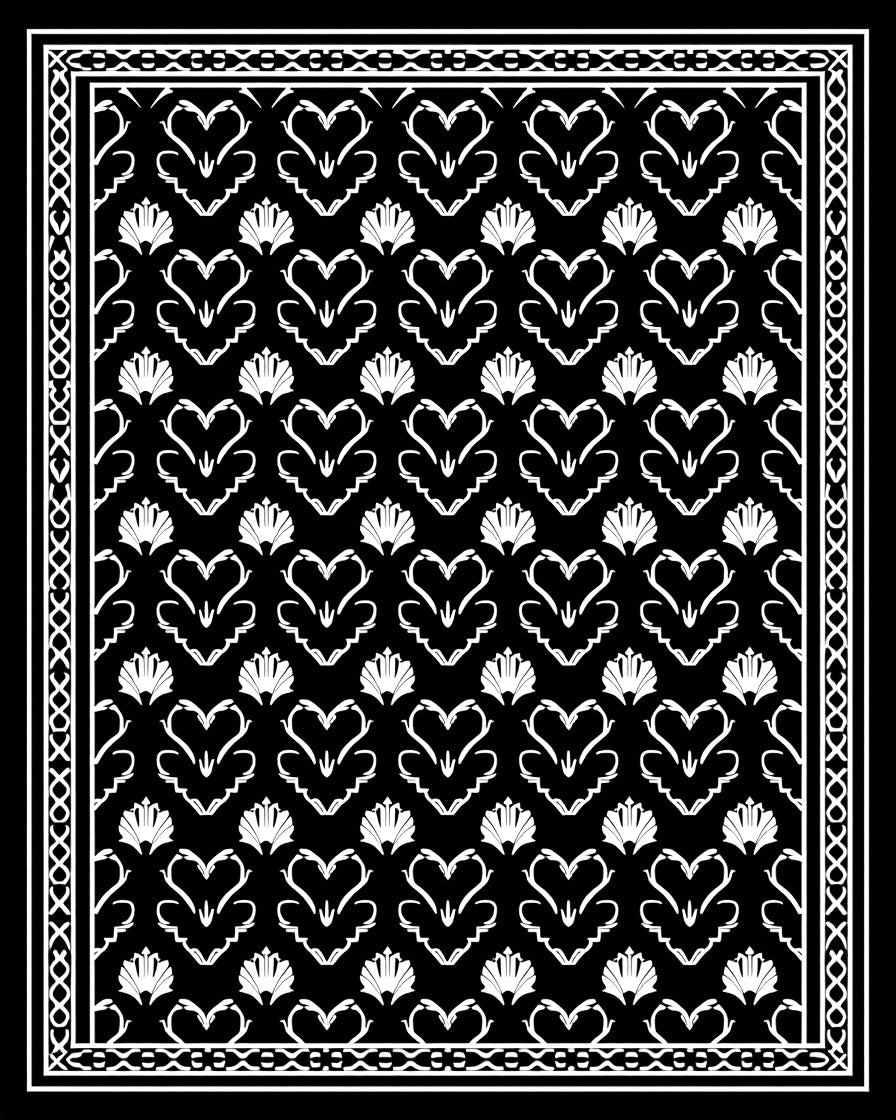 White Ornamental Hearts On Black Rug