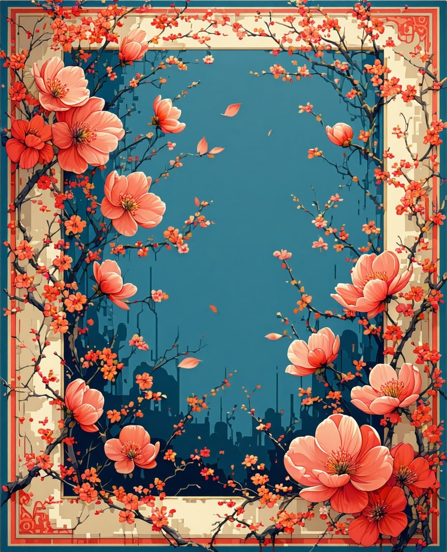 Coral Blossom Border Floral Design Rug