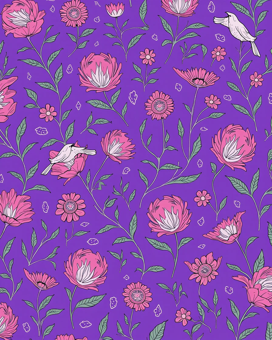 Pink Floral Birds on Purple Background Rug