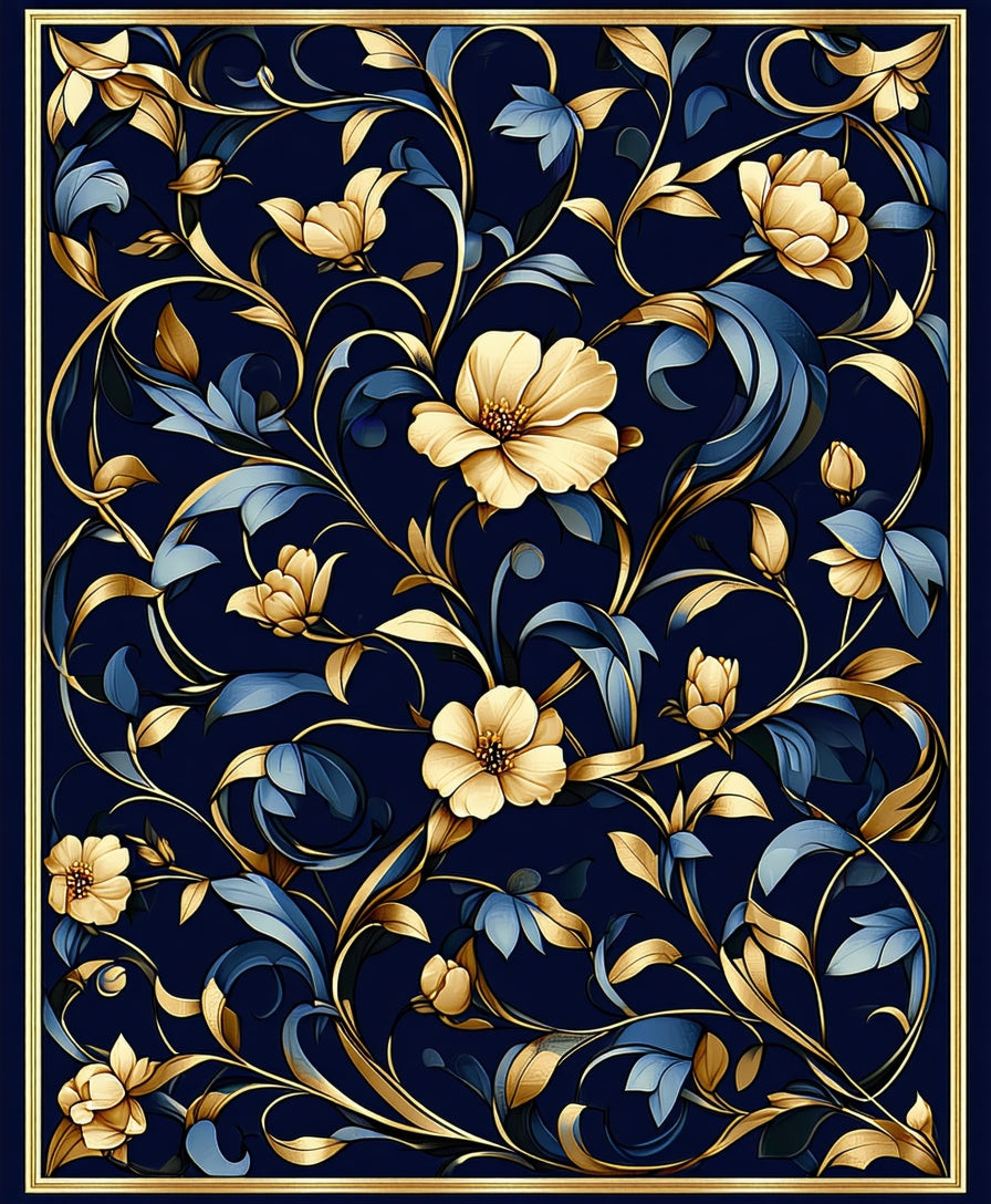 Floral Vines Gold Blue Pattern Rug