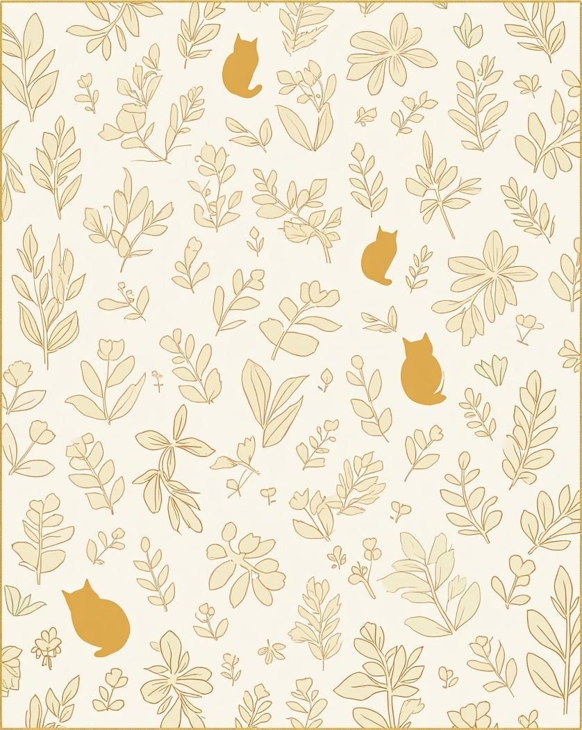 Golden Floral Cat Pattern Rug