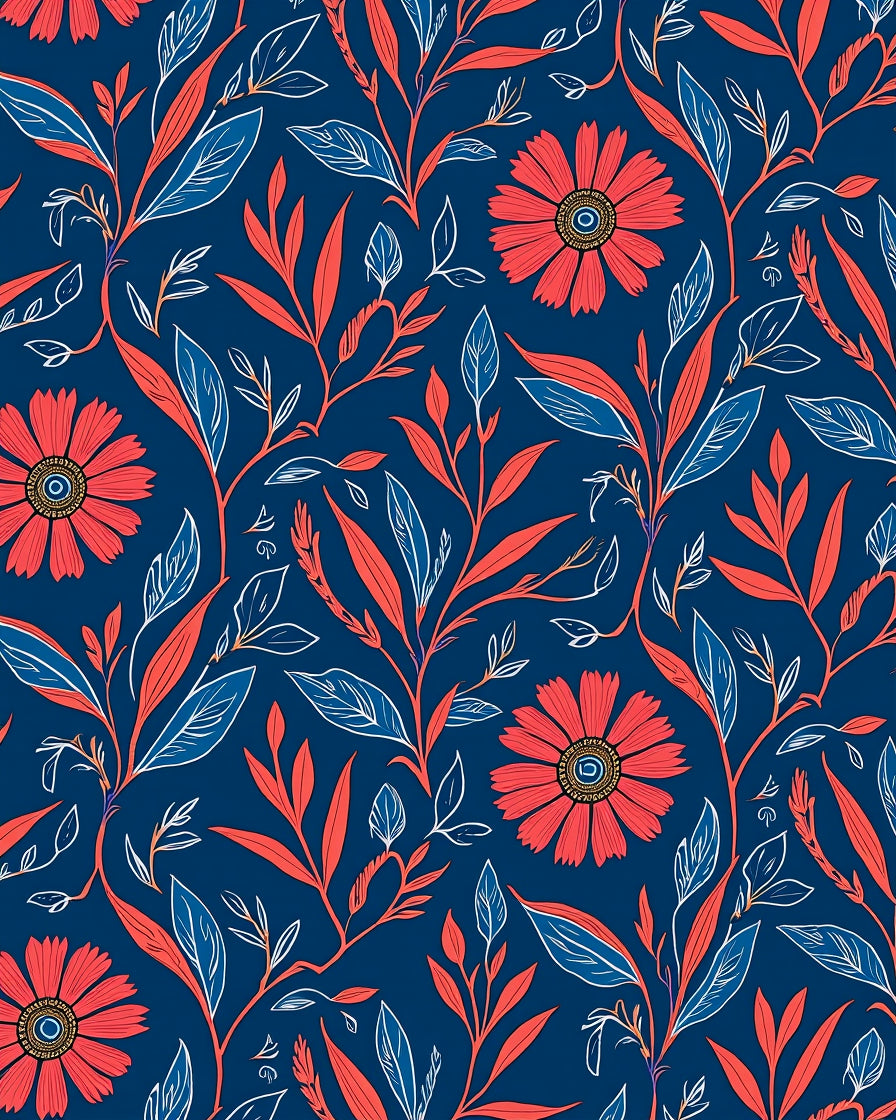 Coral Blue Blooming Floral Pattern Rug