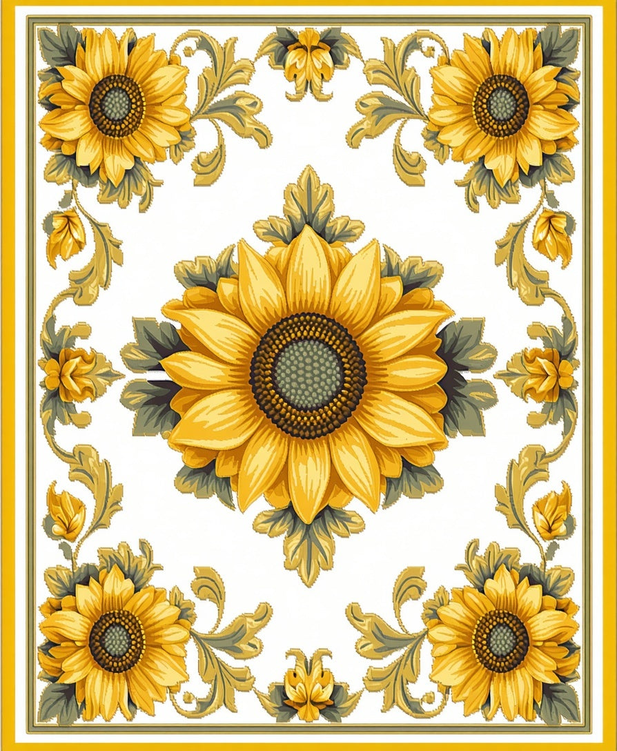 Golden Sunflower Scrollwork Pattern Rug