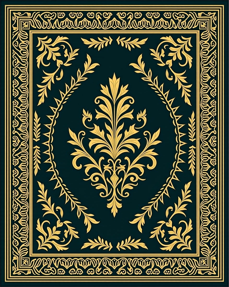 Ornate Gold Floral Damask Design Rug