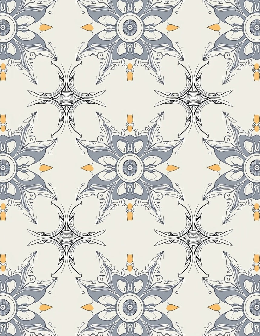 Grey Blue Floral Abstract Tile Design Rug
