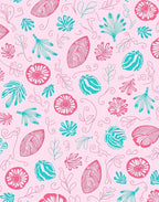 Pink Teal Whimsical Floral Leaf Pattern Rug