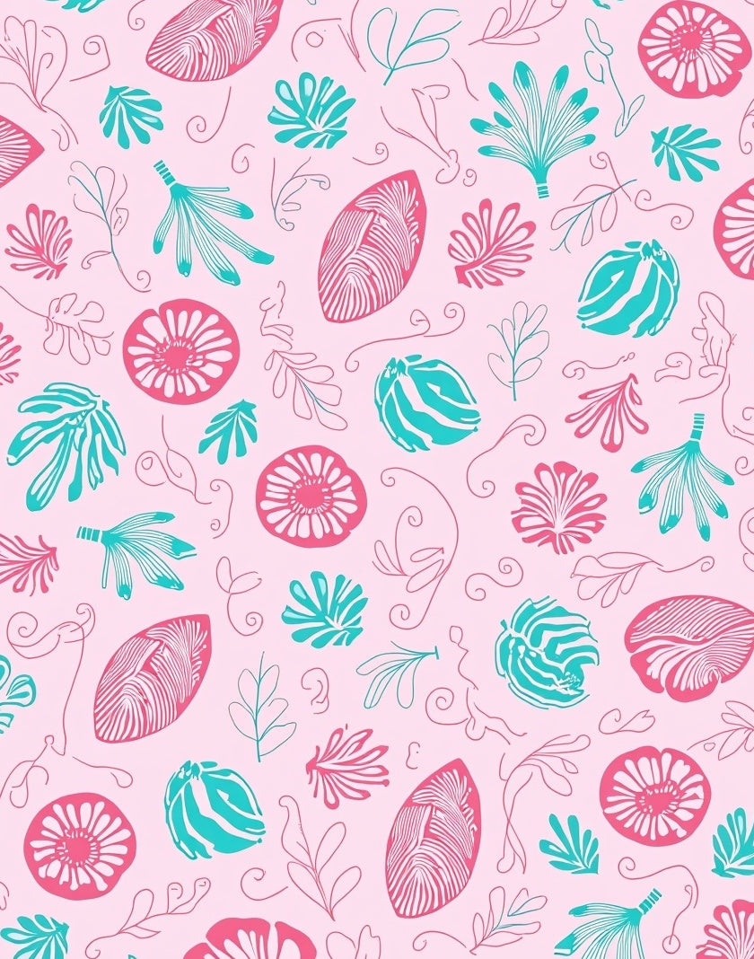 Pink Teal Whimsical Floral Leaf Pattern Rug