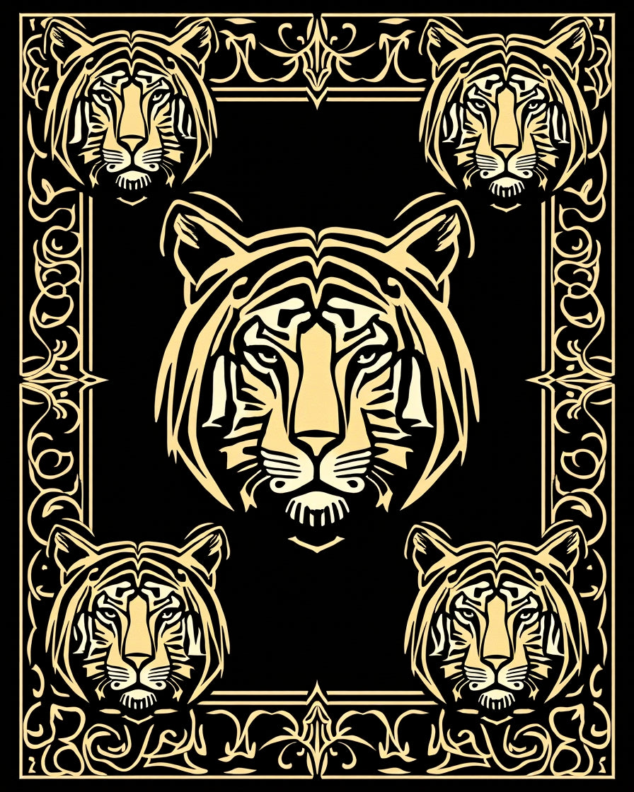 Bold Tiger Faces Within Ornate Frame Rug