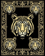 Bold Tiger Faces Within Ornate Frame Rug