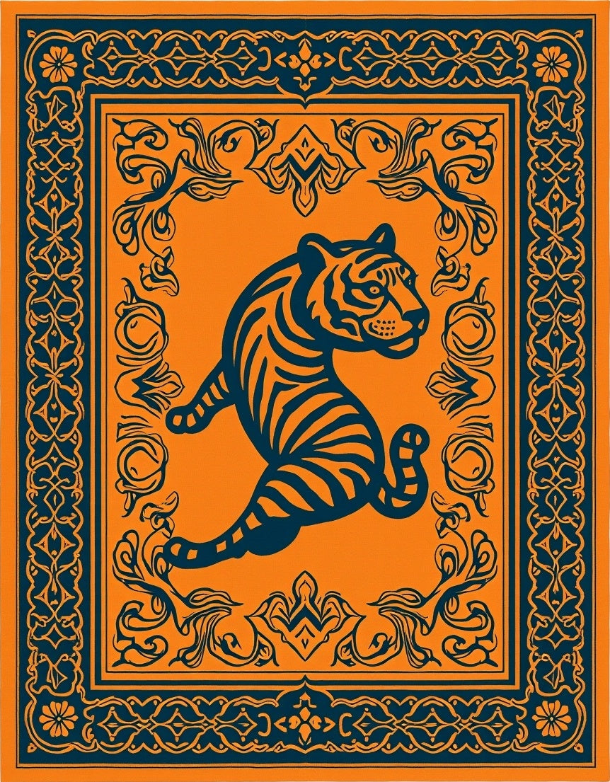 Orange and Blue Tiger Motif Rug