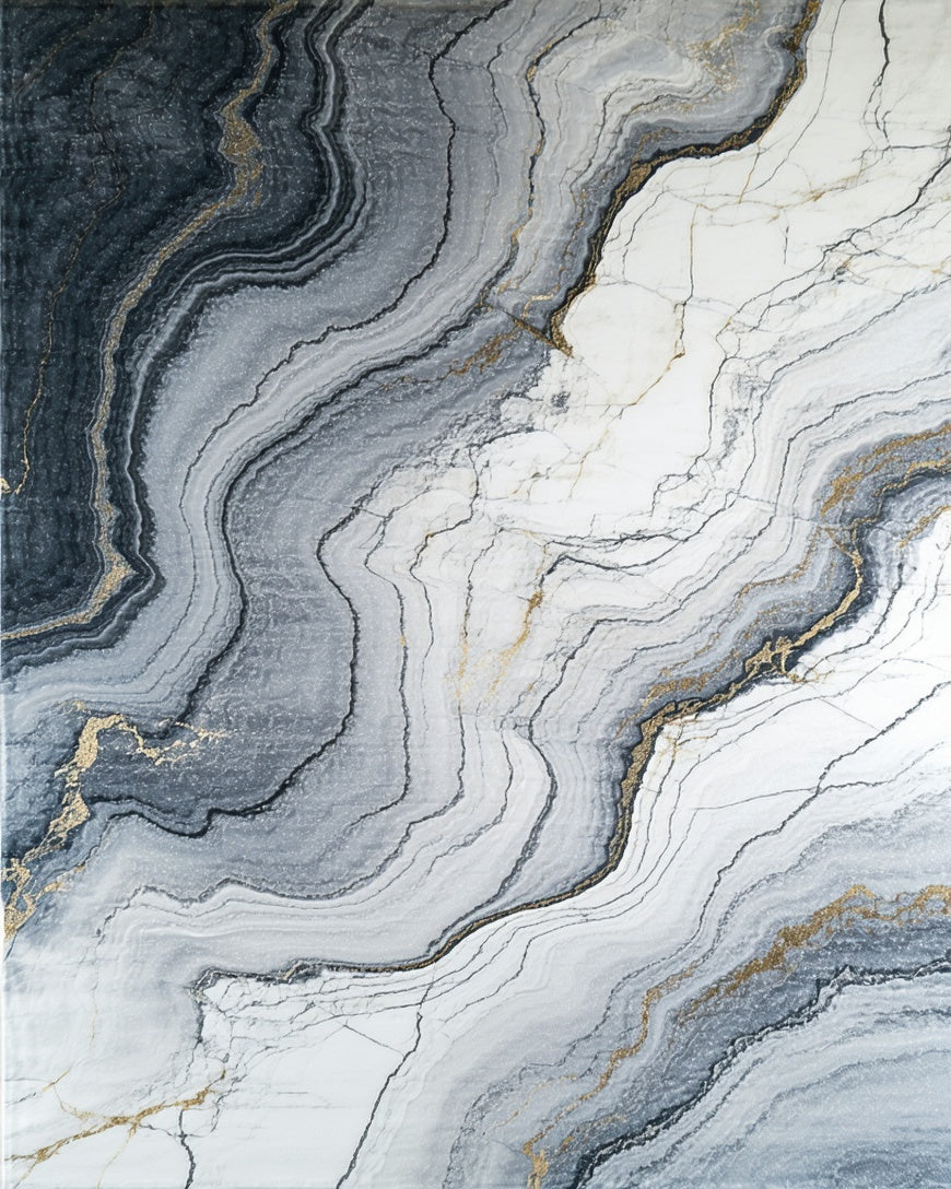 Abstract Grey Gold Veined Marble Design Rug
