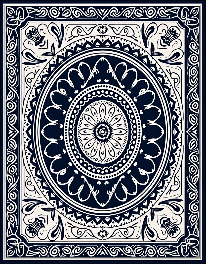 Intricate Black and White Floral Medallion Design Rug