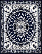 Intricate Black and White Floral Medallion Design Rug