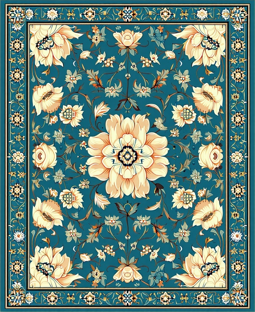 Traditional Floral Teal Cream Rug