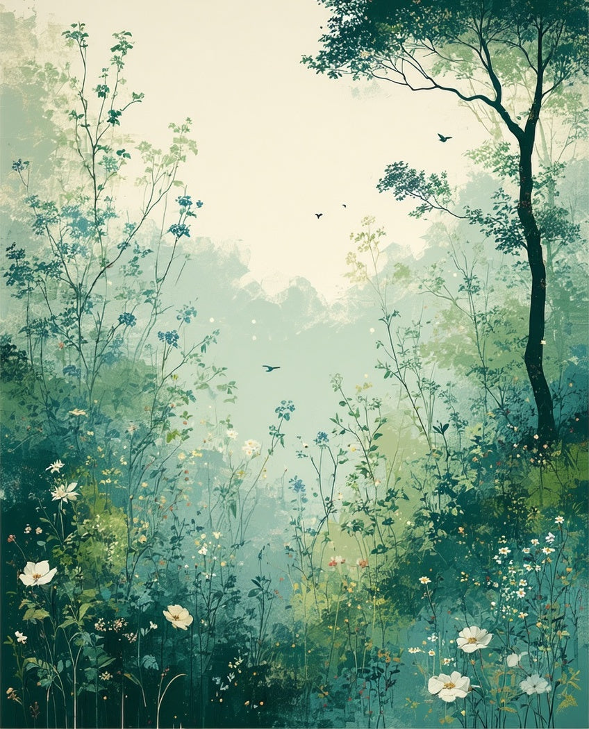 Misty Meadow Floral Bird Scene Rug