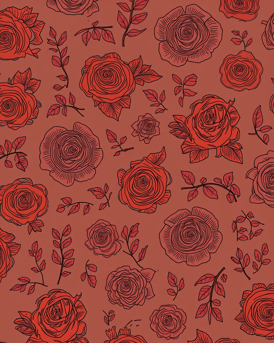 Red Rose Outline Floral Pattern Rug