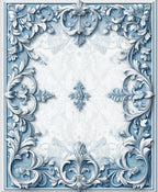 Ornate Blue White Scrollwork Relief Rug