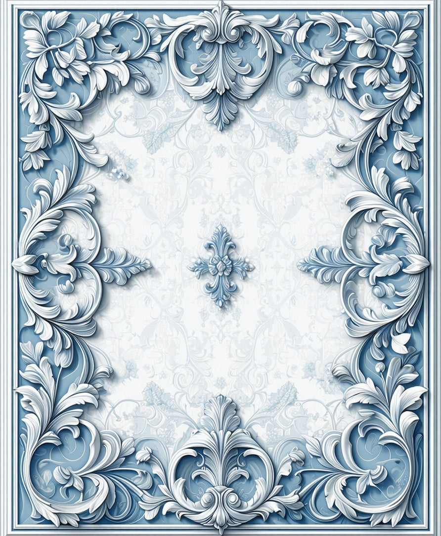 Ornate Blue White Scrollwork Relief Rug