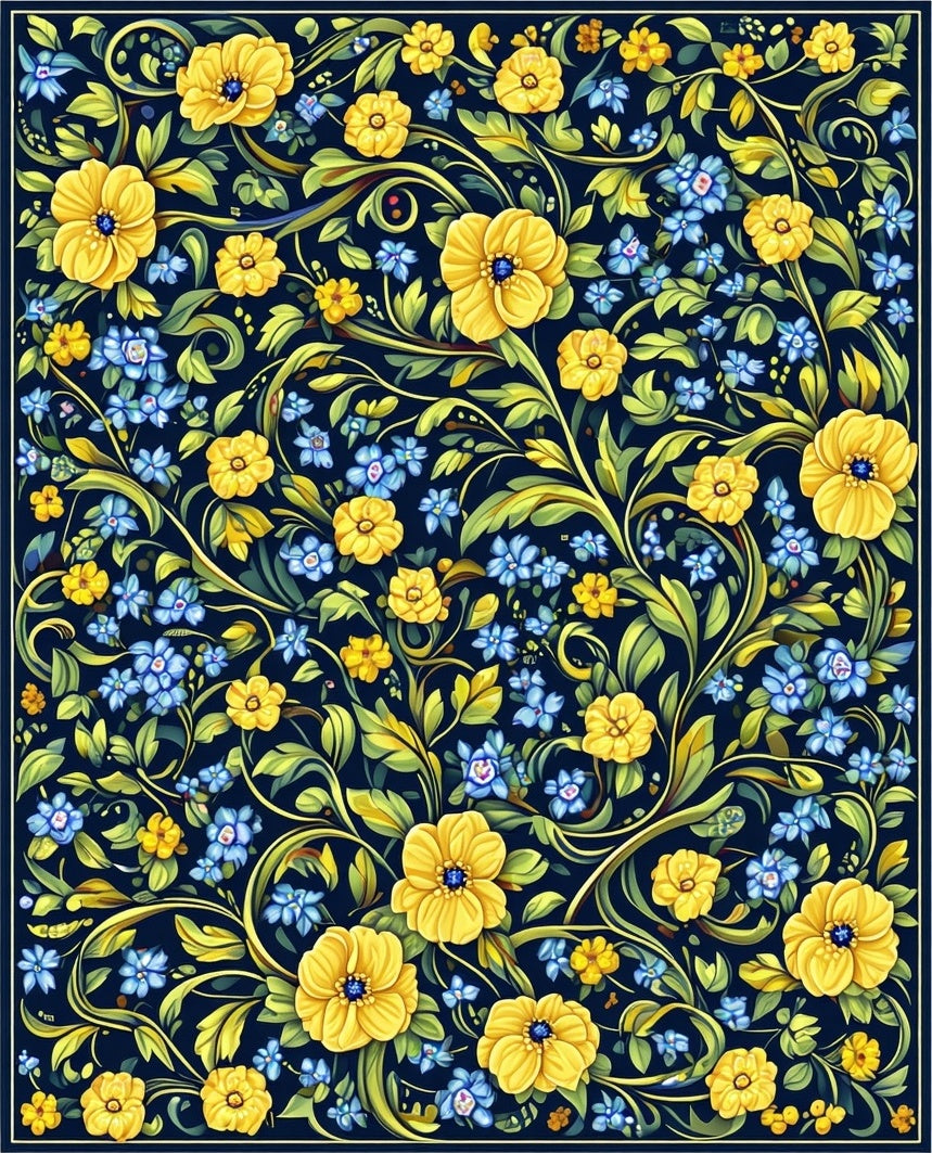 Vibrant Yellow Blue Floral Pattern Rug