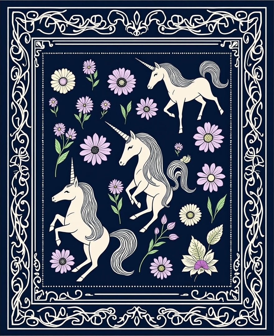 Whimsical Unicorn Floral Meadow Design Rug