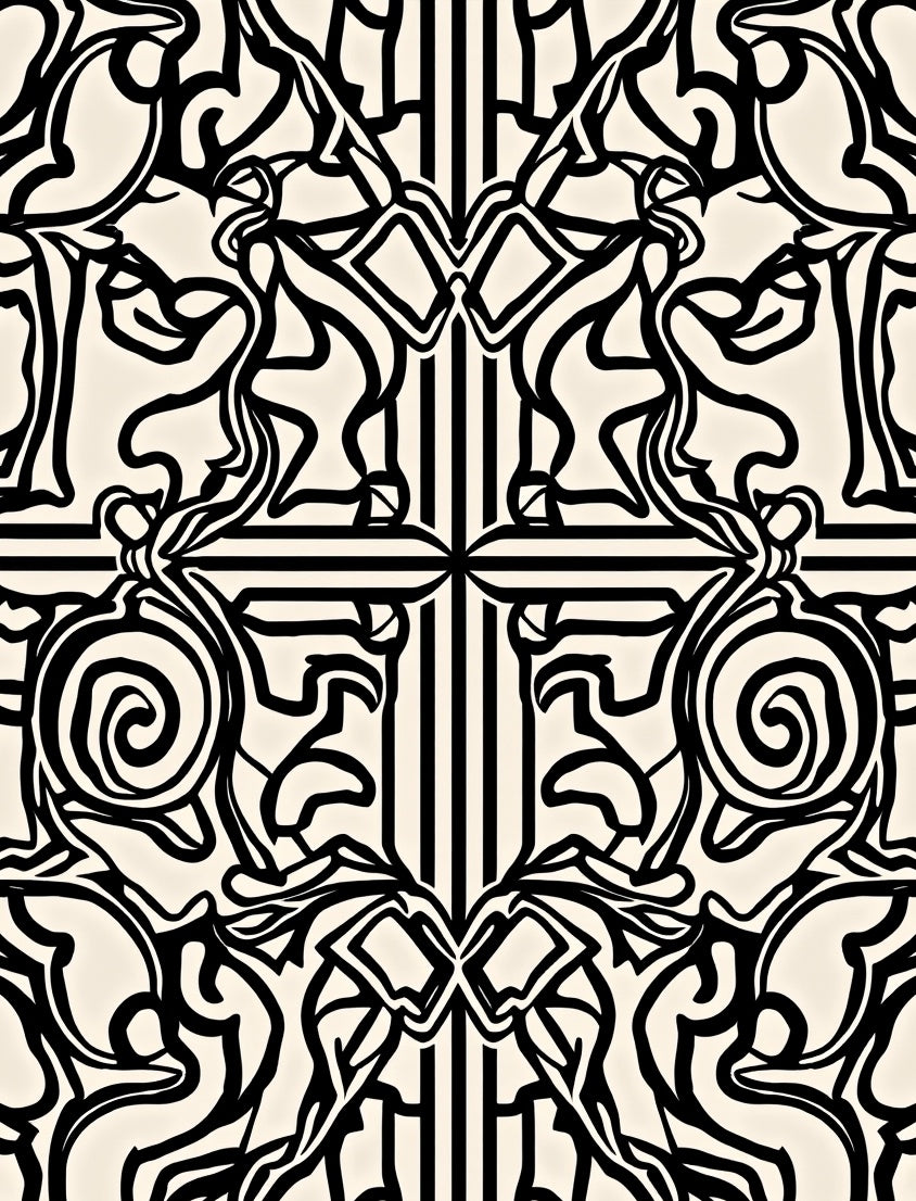 Bold Black White Scroll Pattern Rug