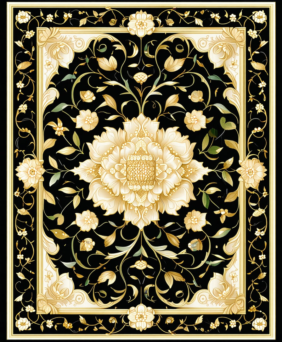 Black Gold Floral Scrollwork Rug