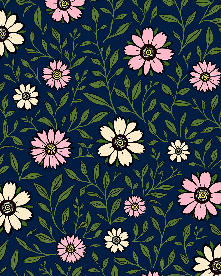 Floral Botanical Design On Navy Canvas Rug
