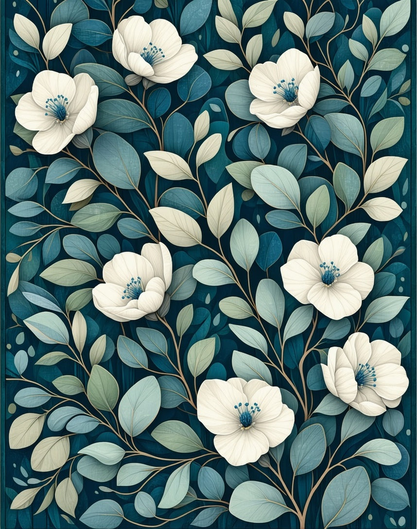 Elegant White Flower Blue Leaf Pattern Rug