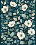Elegant White Flower Blue Leaf Pattern Rug