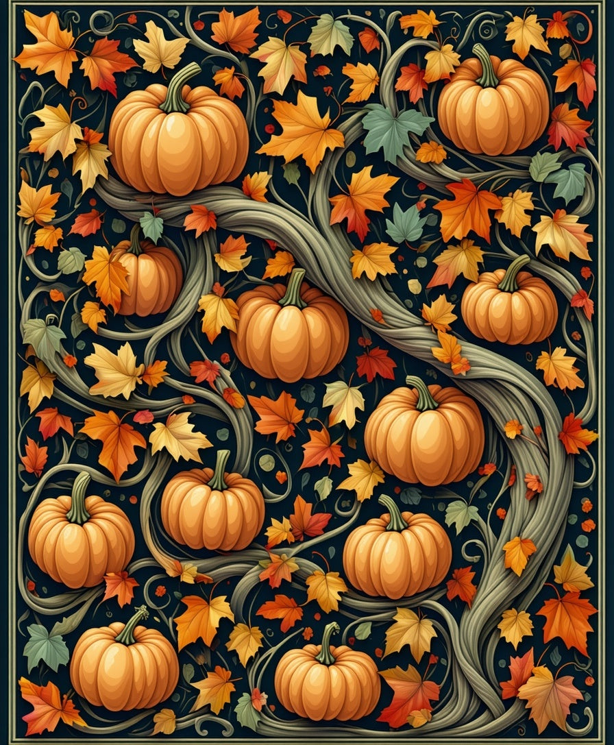Autumn Harvest Pumpkin Leaf Vine Rug