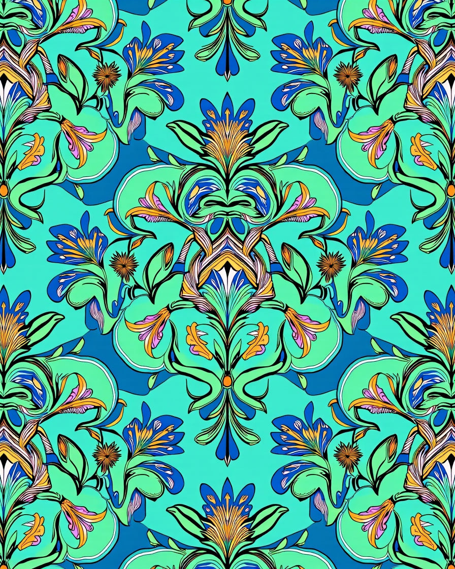 Vibrant Floral Symmetry Aquatic Design Rug