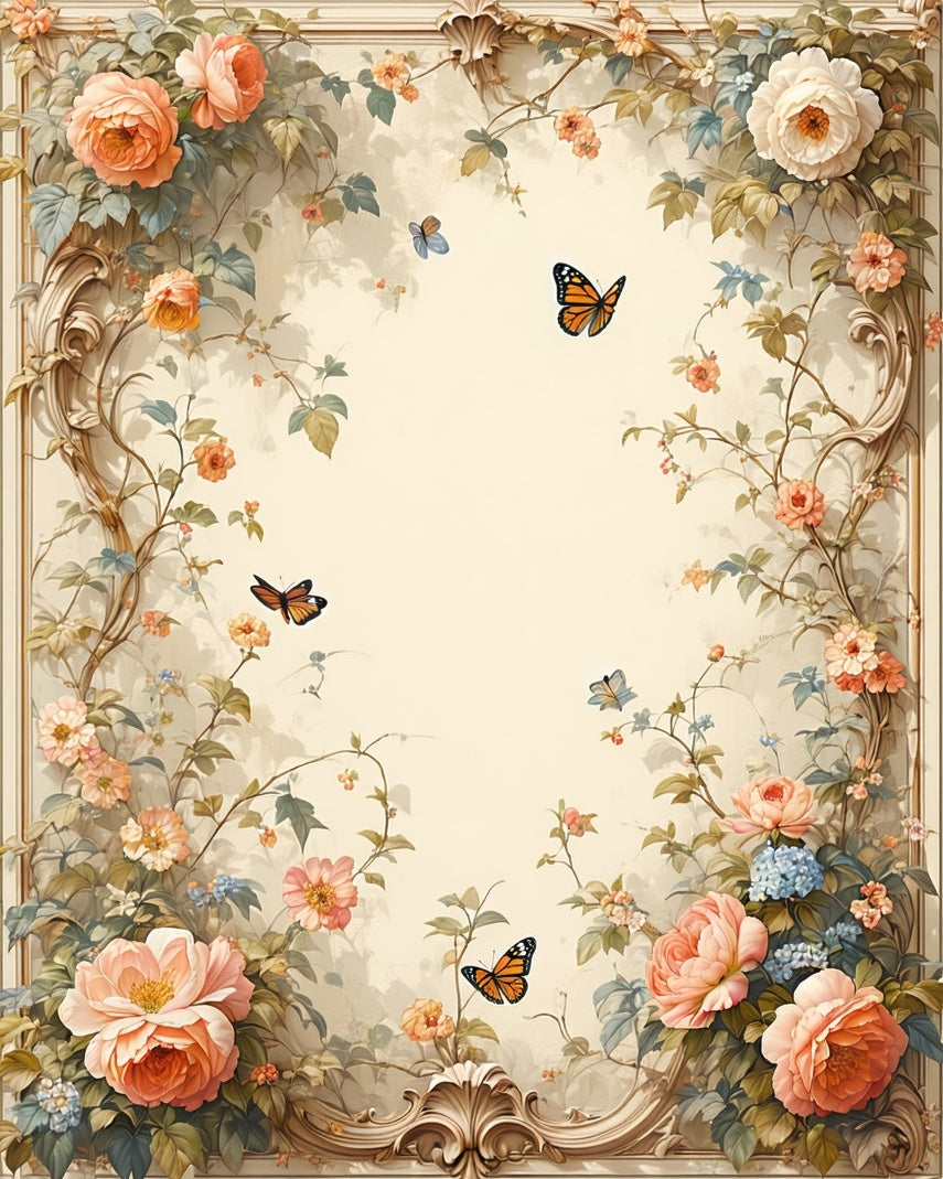 Charming Floral Butterfly Scrollwork Pattern Rug