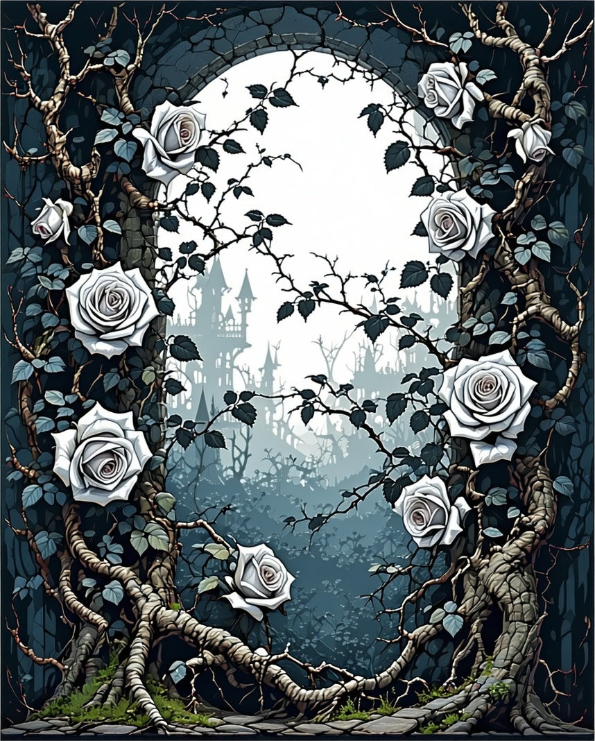 Gothic White Roses Archway Design Rug