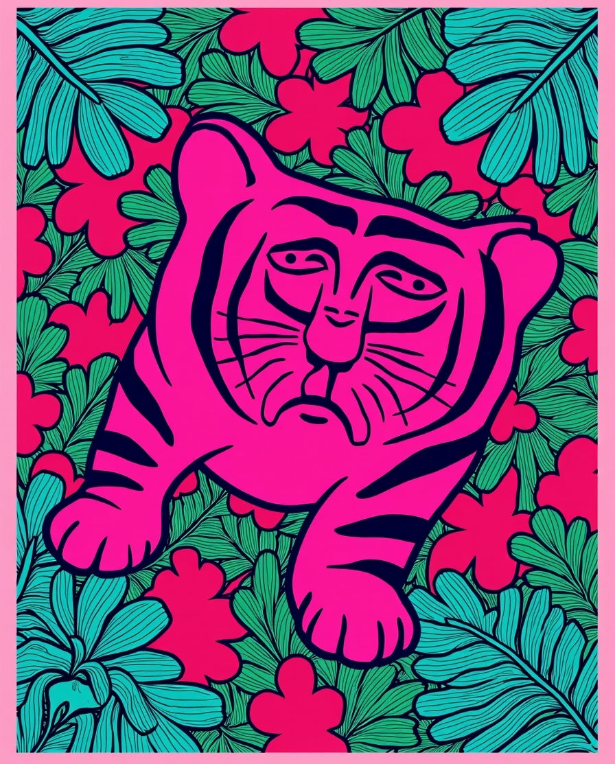 Vibrant Pink Tiger Floral Pattern Rug