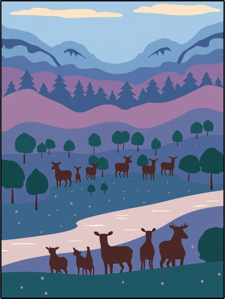 Serene Deer Mountain Landscape Rug