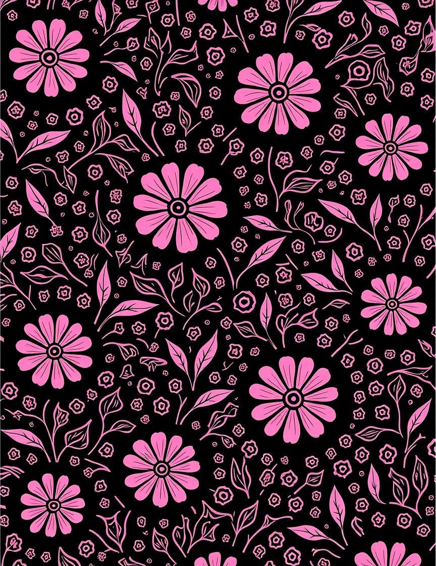 Pink Floral Outline On Black Pattern Rug