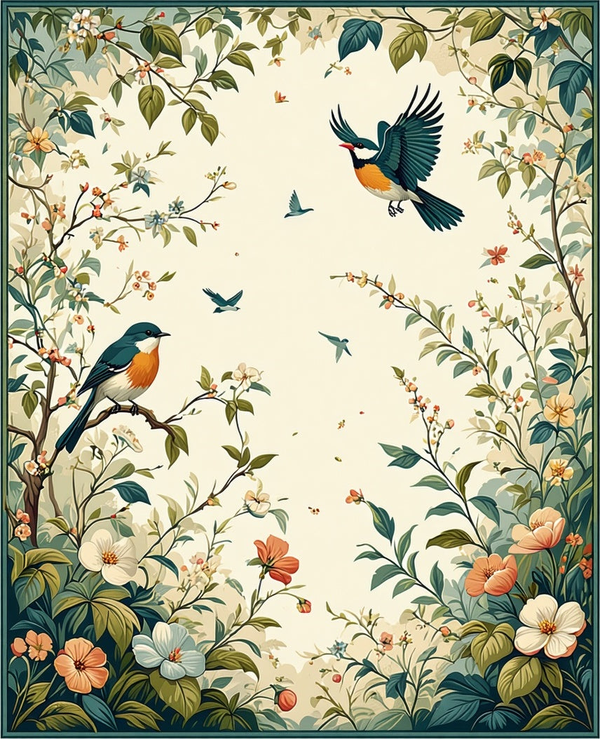 Whimsical Birds Botanical Garden Design Rug