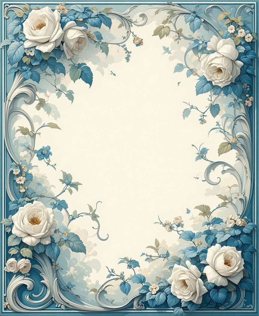 Elegant White Rose Floral Scroll Rug