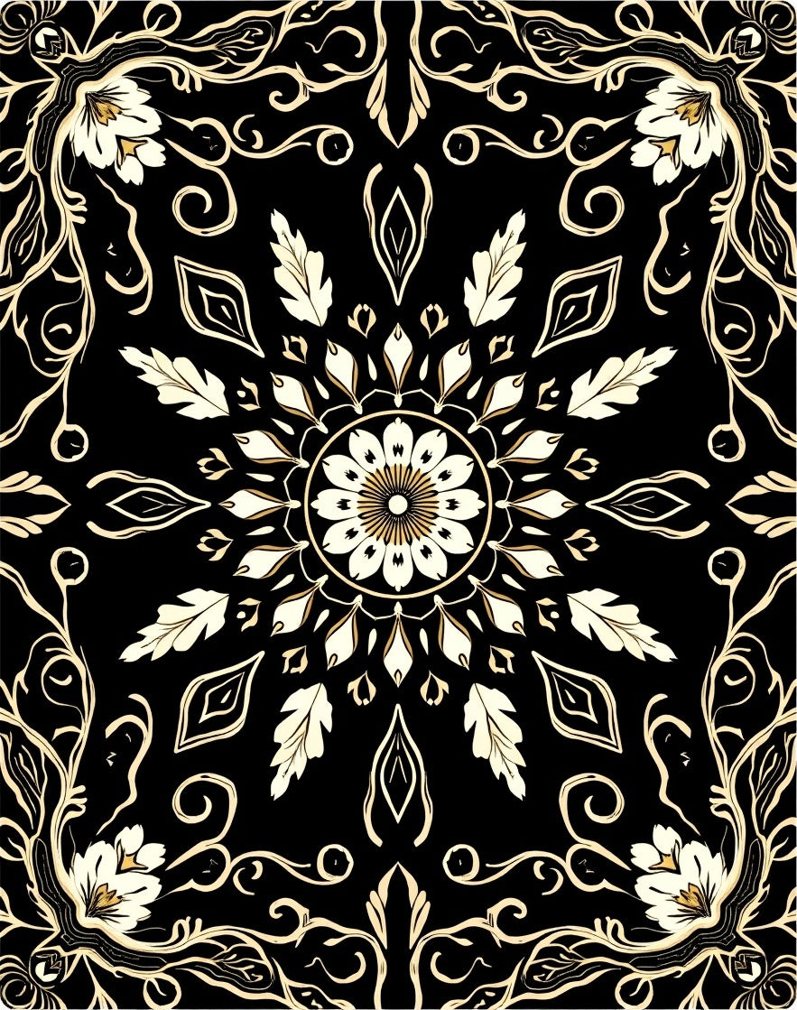 Classic Floral Mandala Black Gold Rug
