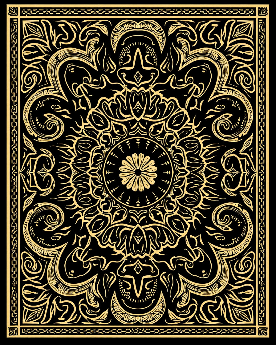 Intricate Floral Mandala Black Gold Rug