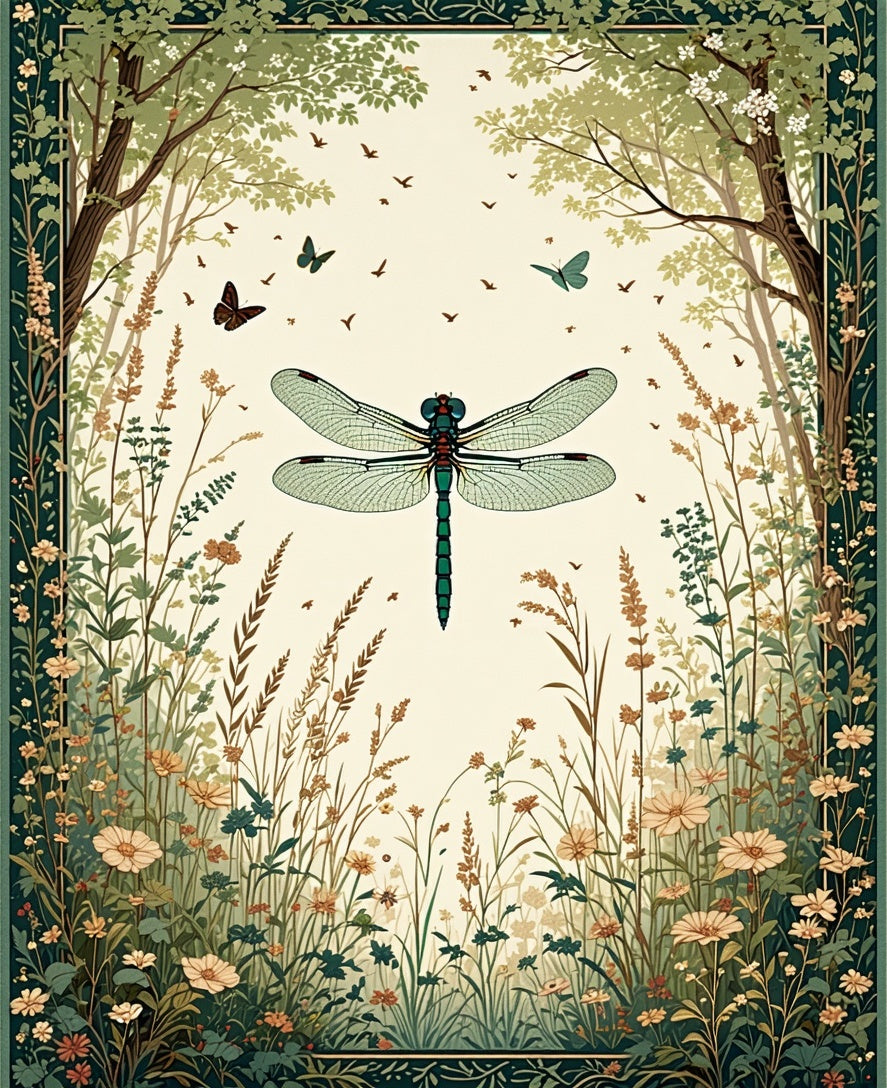 Dragonfly Border Garden Floral Pattern Rug