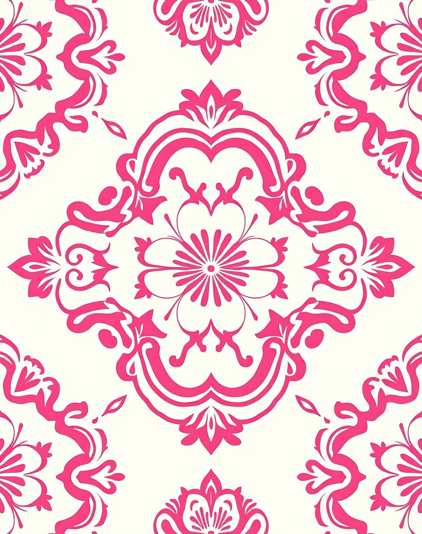 Pink Floral Scroll Traditional Damask Pattern Rug