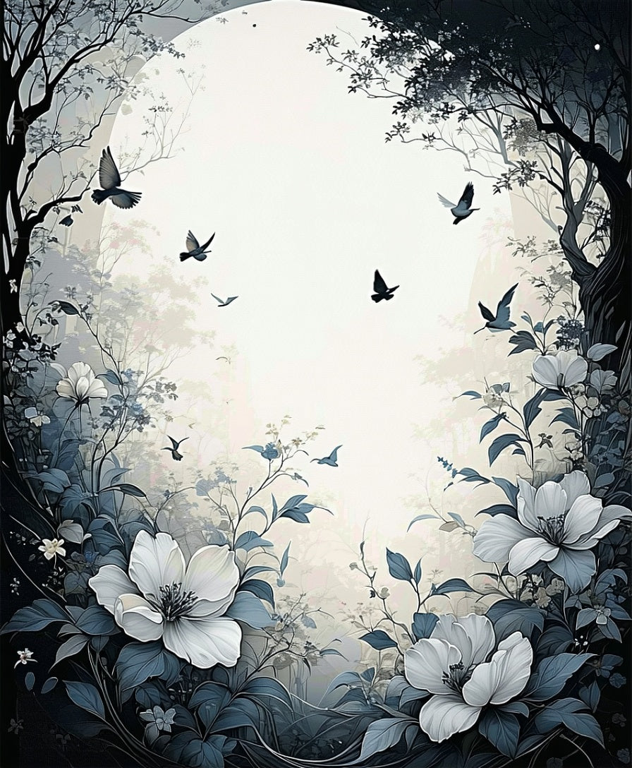 Misty Forest With Birds And Flowers Rug