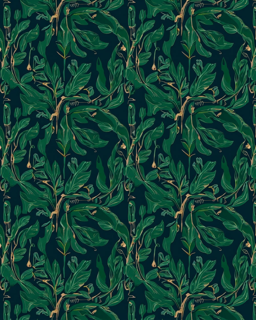 Dark Green Leafy Branch Pattern Rug