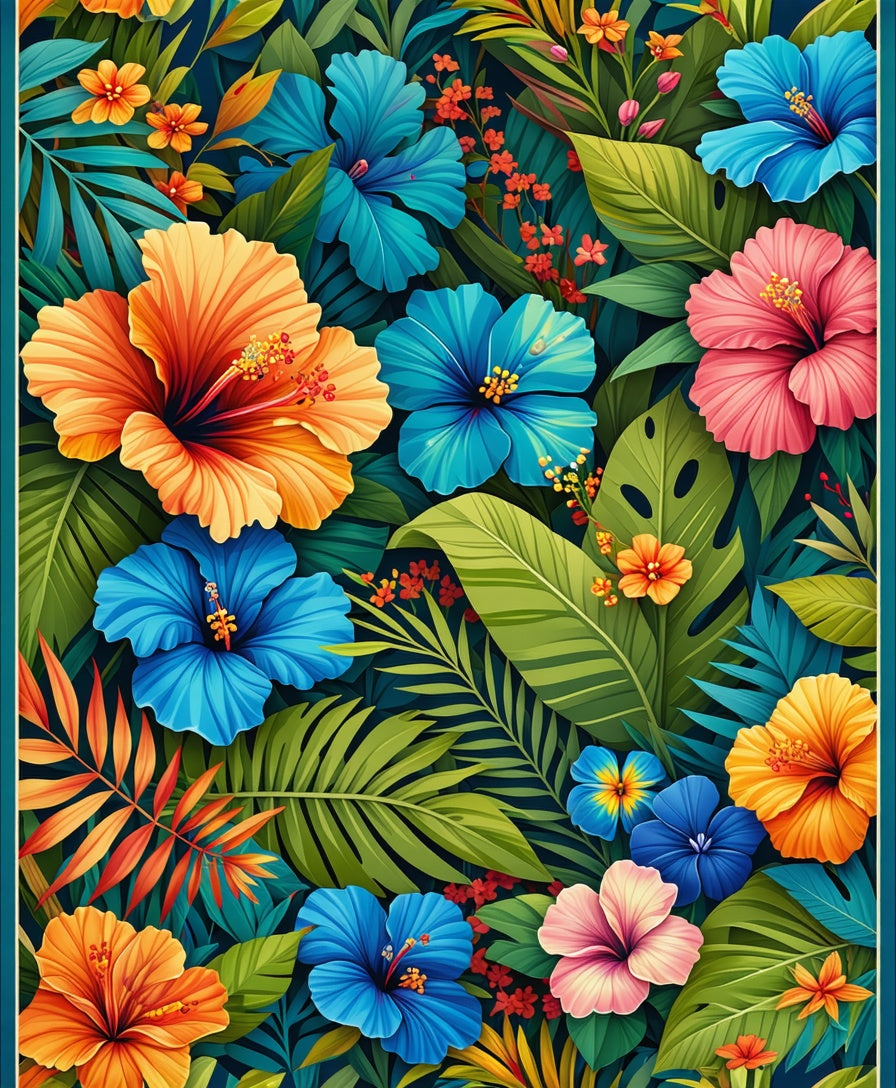 Tropical Floral Hibiscus Leaf Pattern Rug