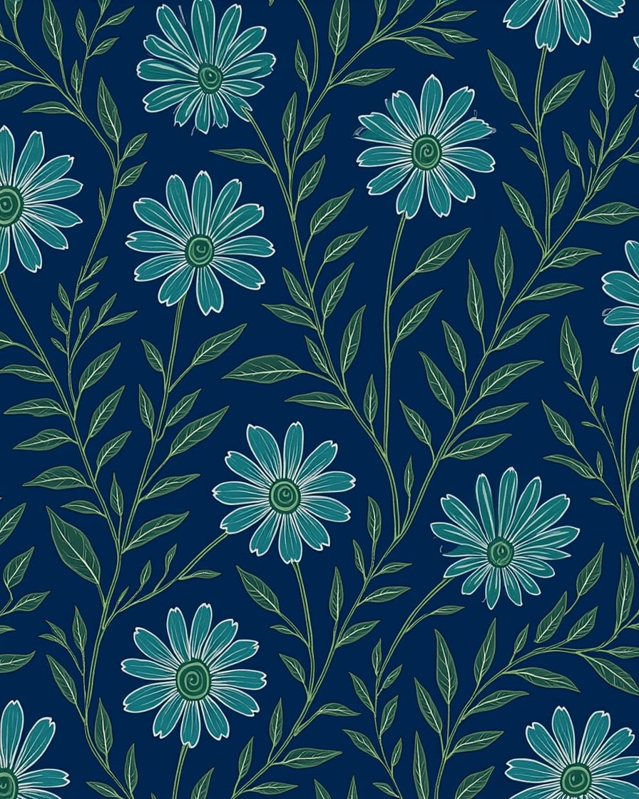 Coastal Daisy Pattern With Navy Background Rug